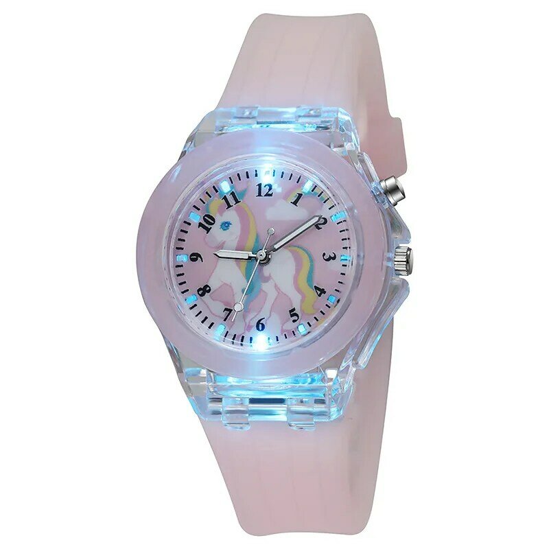 นาฬิกาสำหรับเด็กลายการ์ตูนยูนิคอร์นนาฬิกาควอตซ์แท่งไฟดิจิตัลสายซิลิโคนน่ารักสำหรับเด็กผู้หญิงประถม