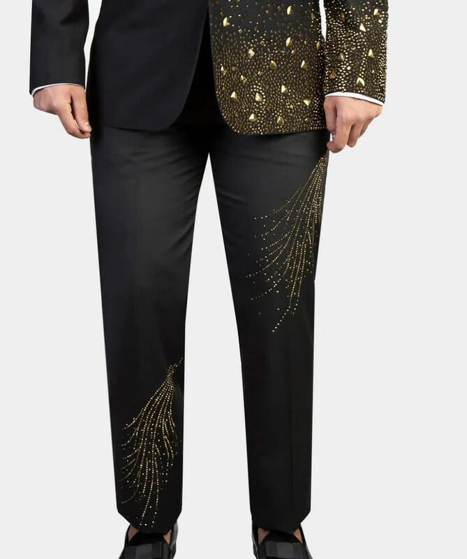 Conjunto de terno de cristais pretos de 2 peças masculino, blazer e calça, jaqueta de escritório formal de luxo, smoking de casamento do noivo, casaco de um botão