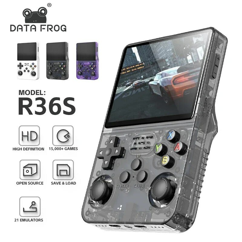R36S คอนโซลเกมมือถือระบบลินุกซ์หน้าจอ3.5นิ้ว, เครื่องเล่นเกมแบบย้อนยุค IPS เครื่องเล่นวิดีโอพกพาขนาดเล็กความละเอียด HD ขนาด64GB
