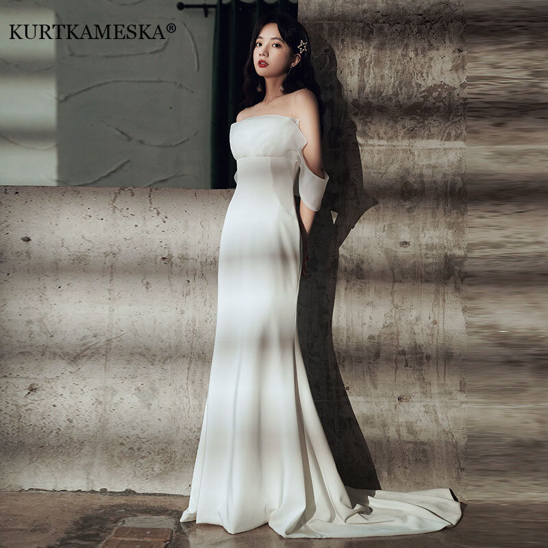 Женское длинное вечернее платье-русалка, белое элегантное Привлекательное платье макси с открытыми плечами и шлейфом, официальное платье с юбкой-годе, лето 2023