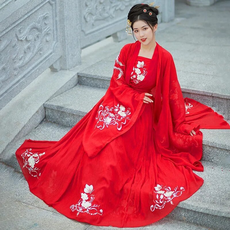 Hanfu ชุดเต้นรำงานเลี้ยงผู้หญิงของแท้ชุดเดรสงานวันเกิดสีแดงล้วนปักที่เอวสูง