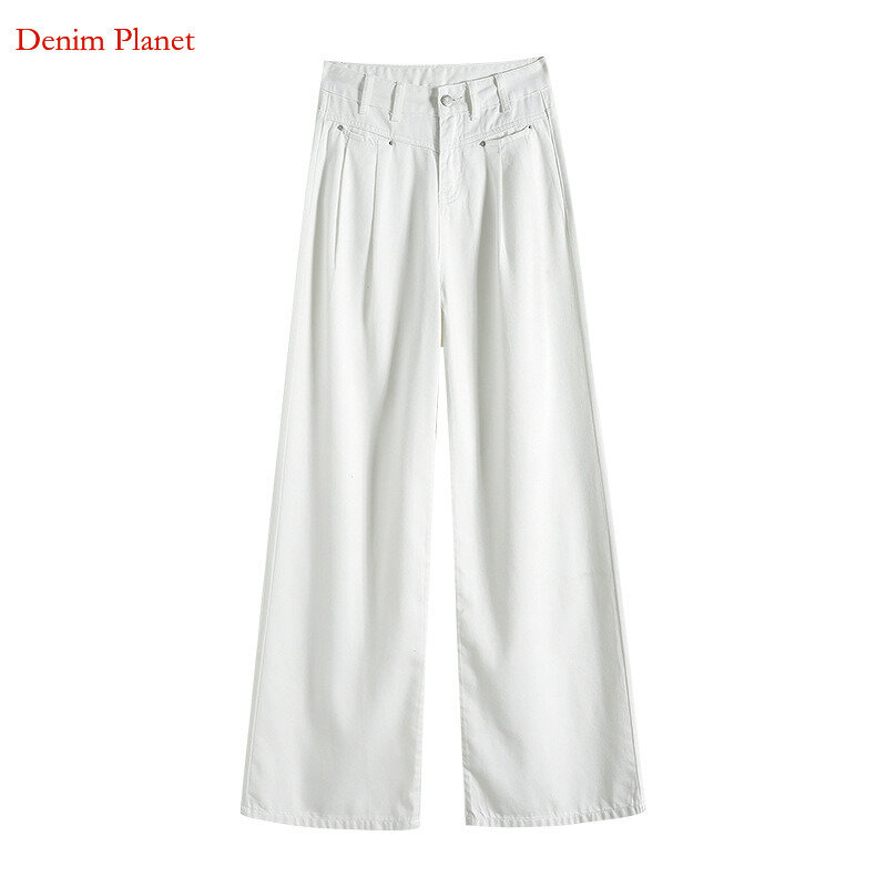 Denim Planet White Jeans Damen Stoff hose Sommer neue hohe Taille lose verlängerte Hose mit weitem Bein