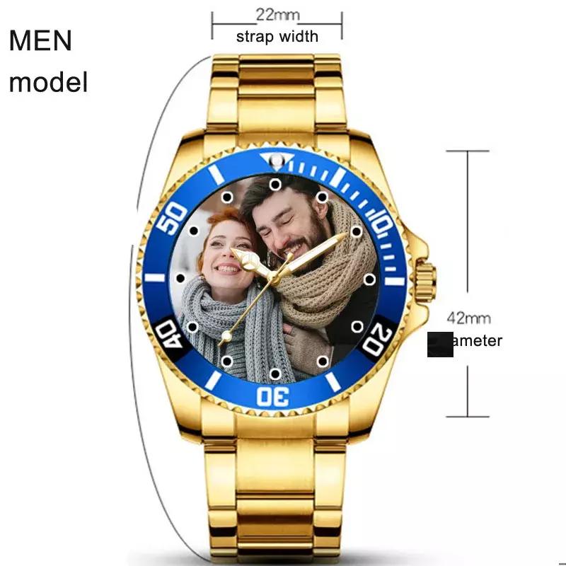 Gouden Mannen Horloge Custom Foto Horloge Roestvrij Staal Afdruk Klok Logo Foto Aangepaste Foto 'S Polshorloge Polshorloge
