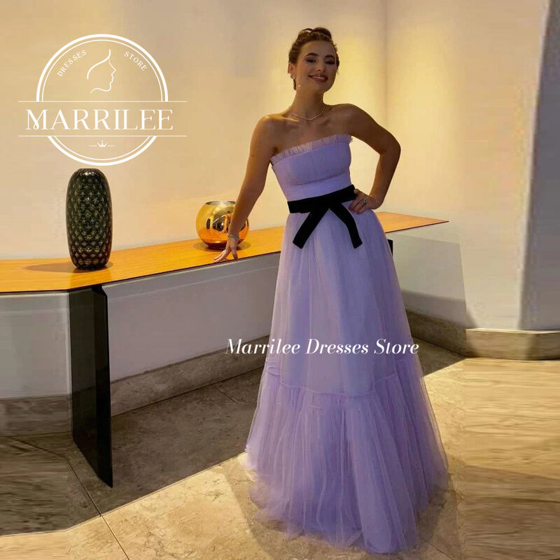 Marrilee elegancka księżniczka fioletowa duża kokarda bez ramiączek tiulowe sukienki wieczorowe plisowana suknie na przyjęcie o długości podłogi bez rękawów