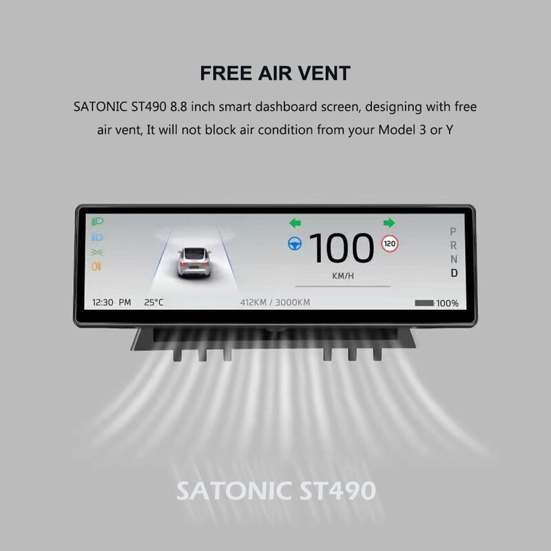 SATONIC-Smart Dahsboard tela Carplay sem fio para Tesla Modelo 3 e Y, Suporte Carplay, Auto Android, Free Air Vent Camera, 8,8"