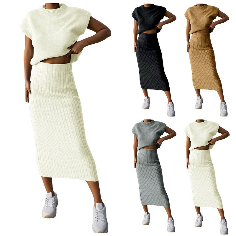 Solid Color Slim-fit Skirt Sets Striped High Waist Knitted Maxi Skirt for Women Short Sleeve Knitted T-shirts 2 Piece Dress Sets