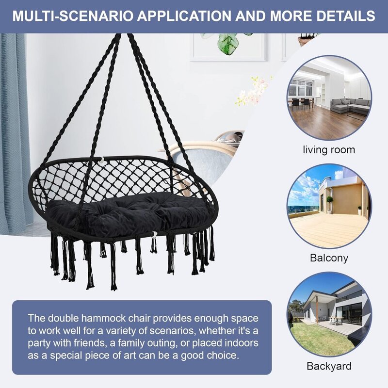 Hammock Chair Macrame Hanging Swing with Cushion,Hanging Cotton Ropes, Metal Frame, 450 Lbs Capacity Indoor Outdoor