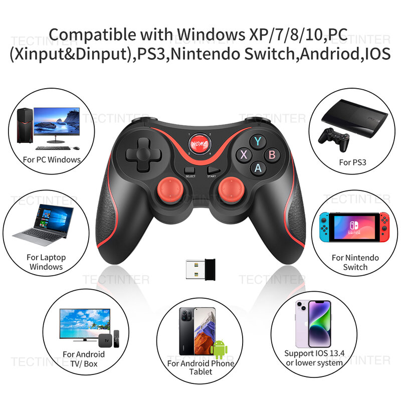 Terios t3 Bluetoothゲームパッド,Androidフォン用ゲームコントローラー,Switch/ps3用ワイヤレスコントローラー,アクセサリー