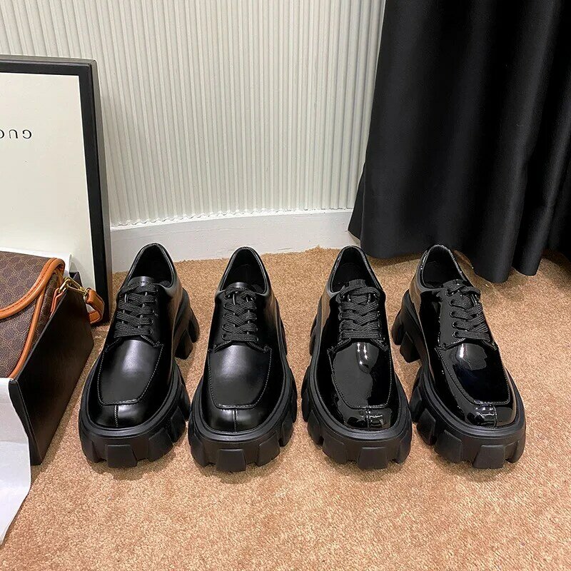 Petites chaussures en cuir de style britannique, mocassins de printemps et d'automne, chaussures à plateforme à fond épais suréWer, chaussures à lacets, 2023