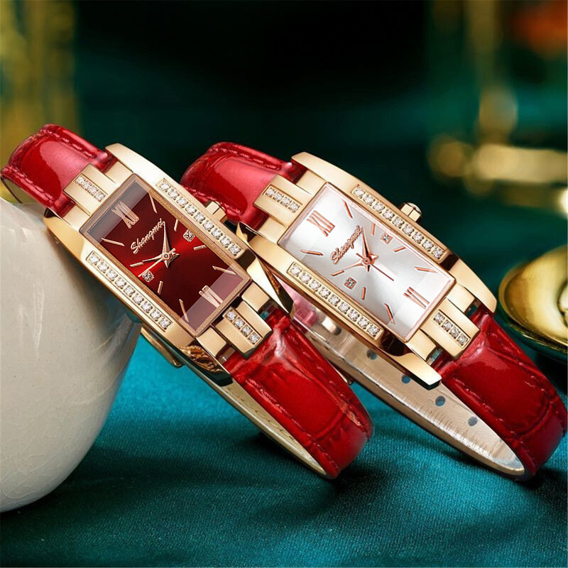 Luksusowy modny damski skórzany pasek prostokątny zegarek kwarcowy