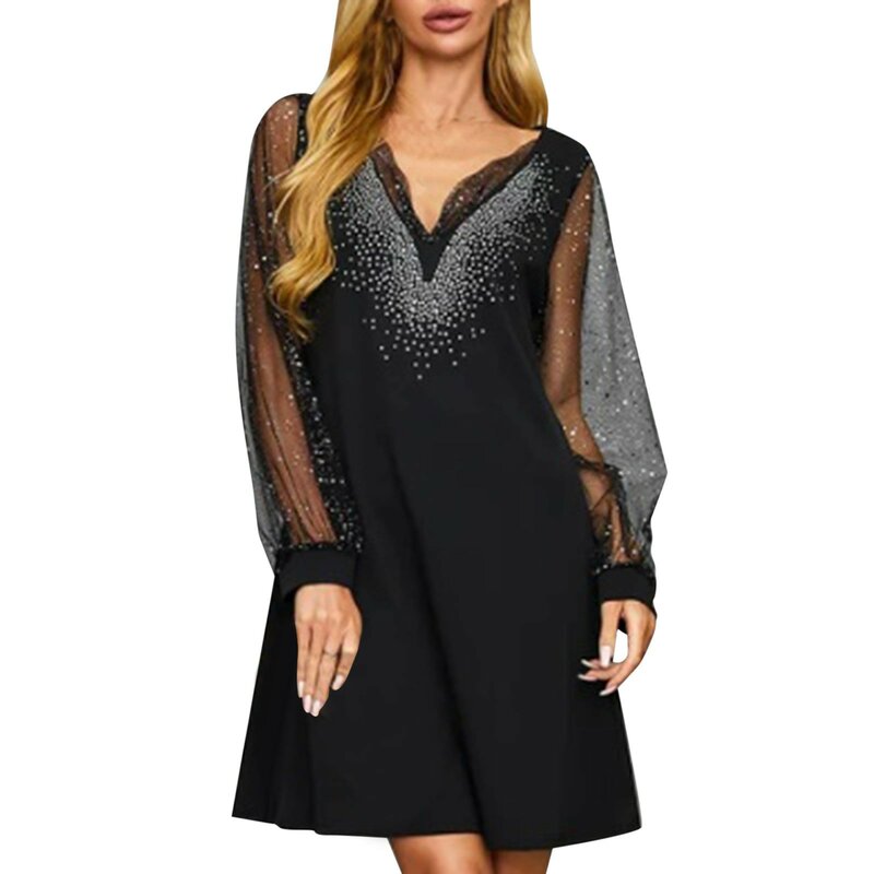 여성용 플러스 사이즈 드레스, 긴 소매 V넥 메쉬 글리터, 반짝이는 스팽글 원피스, 여성용 블랙 드레스, 2024