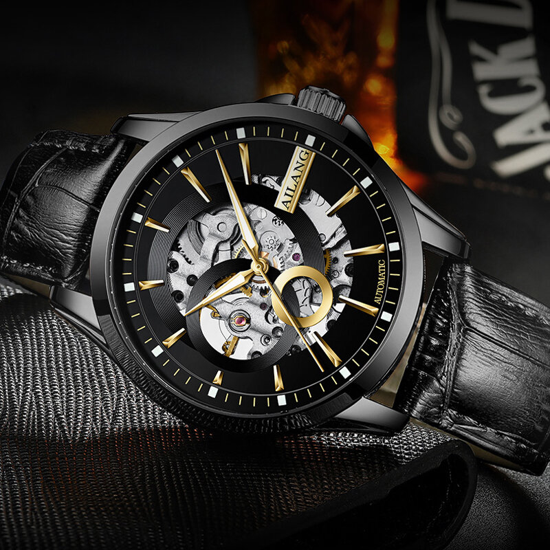 AILANG Fashion Men Automatic Mechanical Watch Skeleton Steampunk Mens Self Winding Wrist Watches Men Leather Band Reloj Relogio