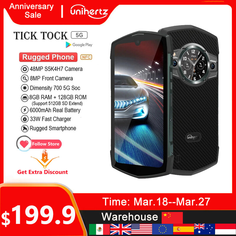 Unihertz TickTock-Smartphone étanche et robuste, téléphone portable 5G, Android 11, 48MP, Dimrespondance 700, 8 Go, 128 Go, NDavid, US, AU, EU, EN STOCK
