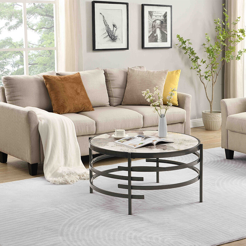 Mesa de café redonda com pedra sinterizada Top, resistente Metal Frame, mesa lateral moderna para sala de estar, 32,48 polegadas