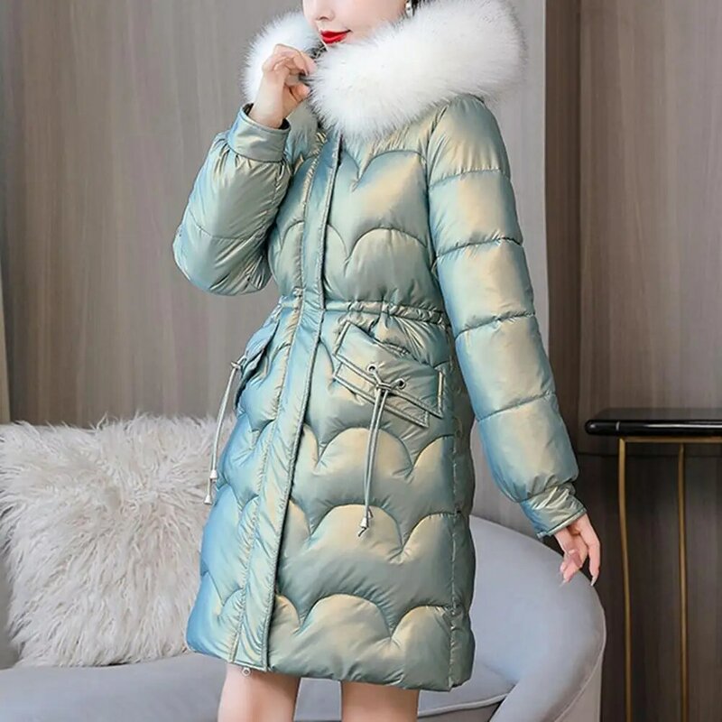 Women Winter Cotton Coat Padded Faux Fur Collar Hood Pearlescent Colorful Slim Fit Mid Length Zipper Closure Pockets Down Coat