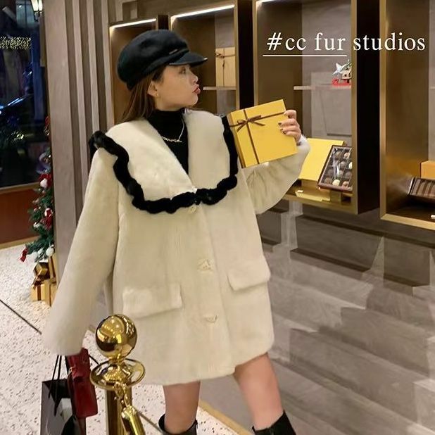 Korea Women's Faux Fur Autumn Winter New Warm Rabbit Fur Coat Loose Navy Collar Long Sleeve Overcoat