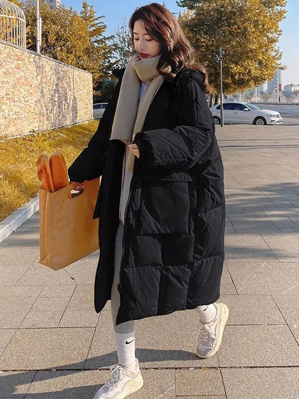 Пуховая парка для женщин, зимняя длинная стеганая куртка, женские свободные теплые пальто большого размера, Женская корейская мода с капюшоном, Casaco