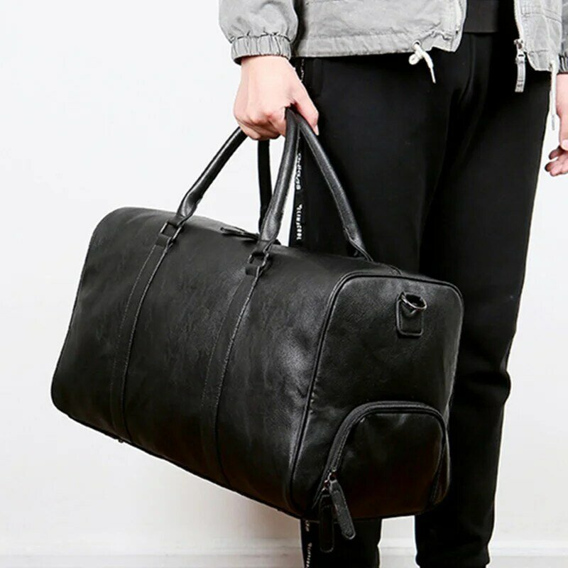 Czarna męska torba podróżna o dużej pojemności weekendowa worek marynarski torebka ze skóry PU torba na bagaż torba na siłownię na ramię