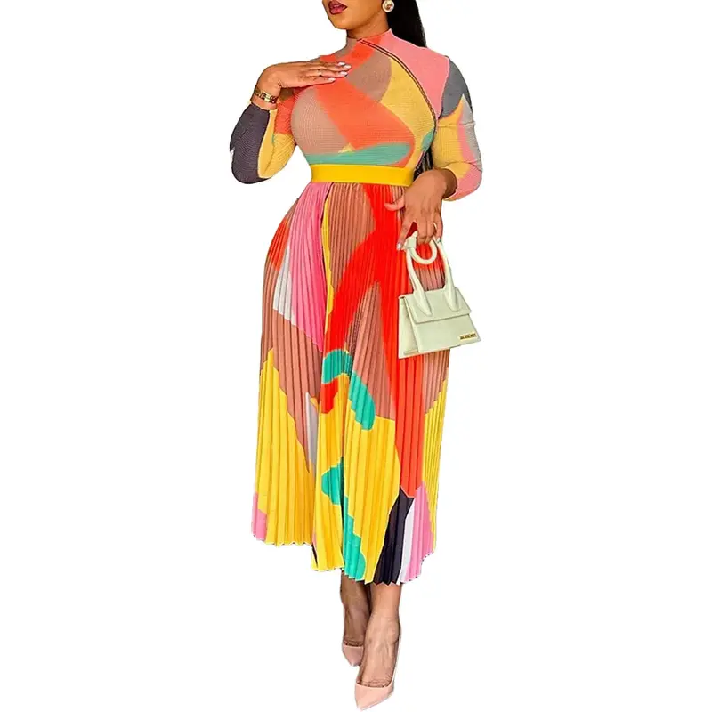 Vestido plissado estampado feminino manga comprida com o pescoço, vestidos africanos Dashiki, roupas de outono, 2023
