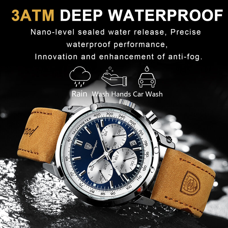 POEDAGAR-Reloj de pulsera de cuero y cuarzo para hombre, cronógrafo de lujo, resistente al agua, luminoso, con fecha