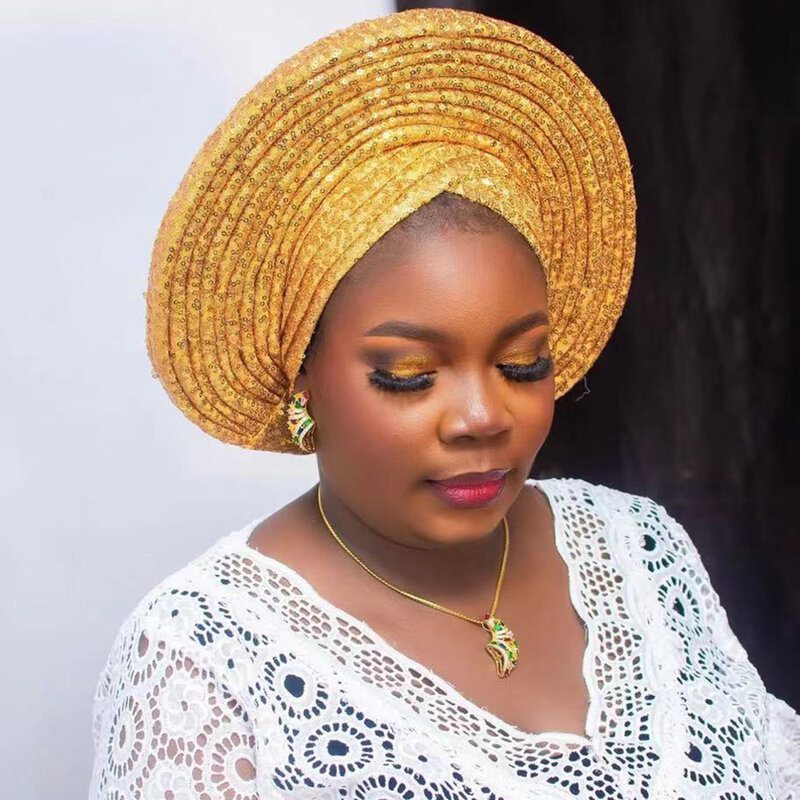 Pailletten Autogele Turban Kappe für Frauen bereit afrikanische Auto Gele Headtie Nigeria Hochzeit Geles weibliche Kopf wickel Dame Kopf bedeckung