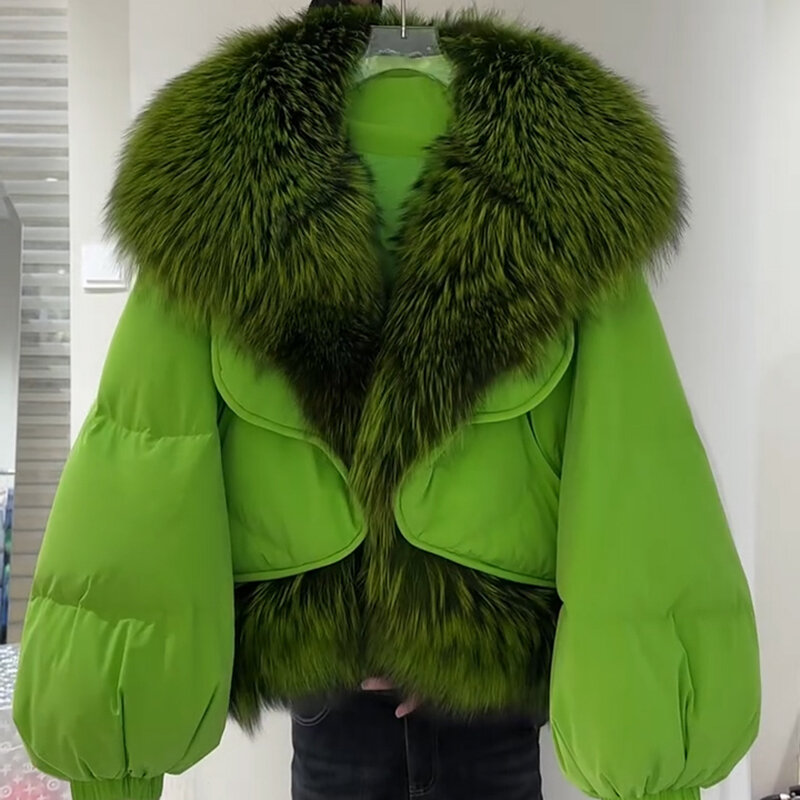 Chaqueta de plumón verde para mujer, abrigo corto grueso y cálido con cuello en V, de gama alta, a prueba de viento, a la moda, suelto, de invierno, con parches de algodón