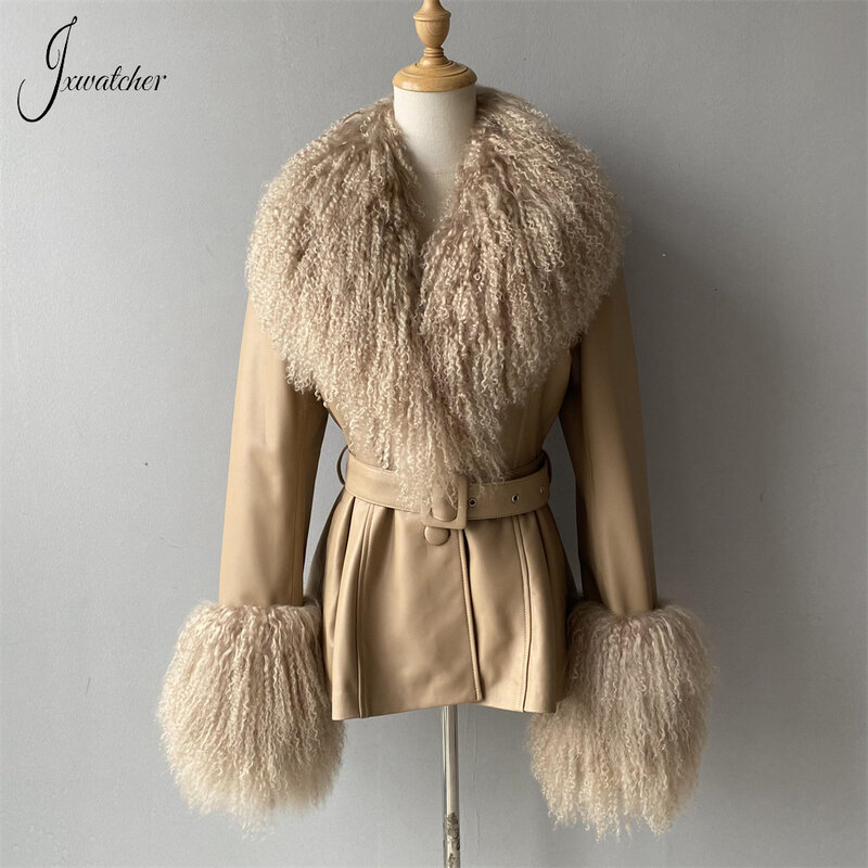 Jxwatcher-Chaqueta de piel auténtica para mujer, abrigo de piel de oveja auténtica con cinturón, puños de Cuello de piel mongola auténtica, prendas de vestir exteriores de primavera