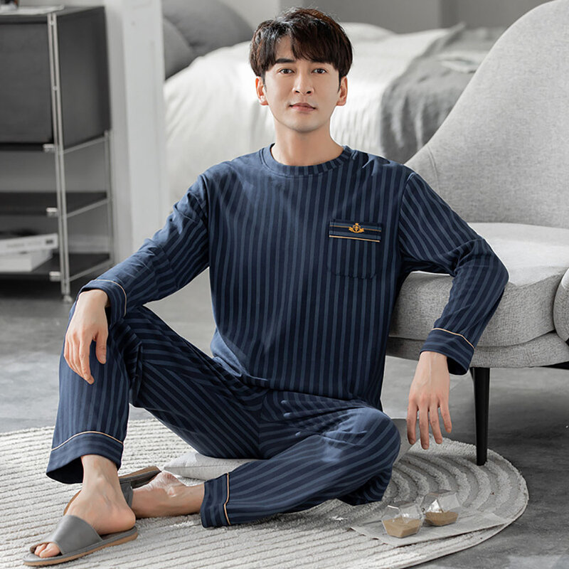 Conjunto de pijama a rayas para hombre, ropa de dormir cómoda de algodón con cuello redondo, informal, primavera y otoño, 2023