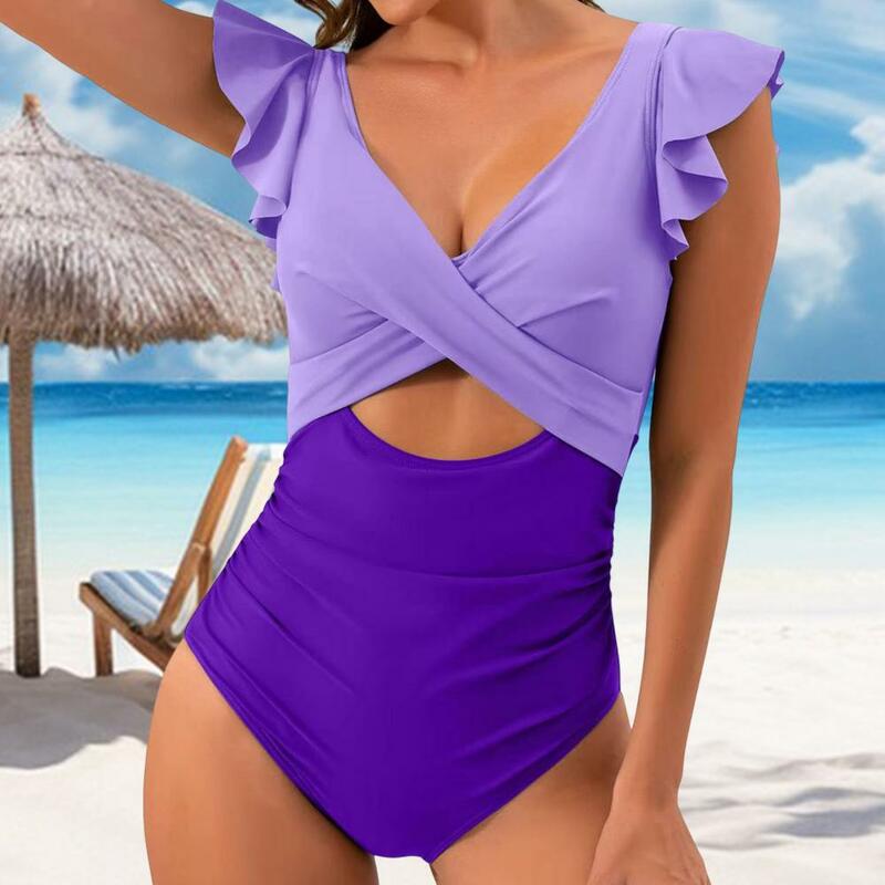 Glatte Monokini stilvolle einteilige Badeanzüge für Frauen V-Ausschnitt Bauch Kontrolle hohe Taille Badeanzug mit Ausschnitt Design Patchwork