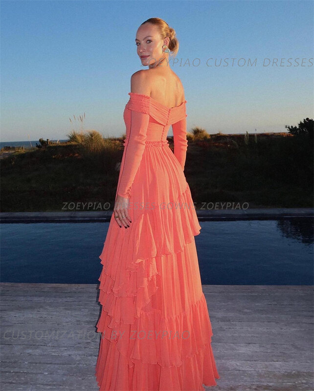 Pink Long Sleeves Chiffon Women Evening Dresses Pleated Tiered Floor Length Formal Prom Dress A Line Elegant Party Gowns