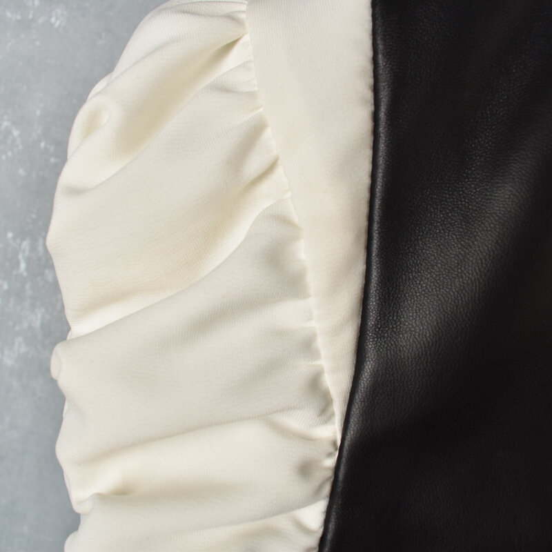 V-neck puff sleeve genuine leather vest for women sheepskin patchwork design short waistcoat sleeveless jacket Y4178