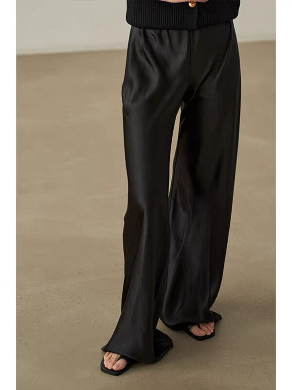 HOUZHOU-pantalones de pierna ancha de satén para mujer, pantalón holgado informal, moda coreana, ropa de oficina, color negro, elegante, verano, 2024