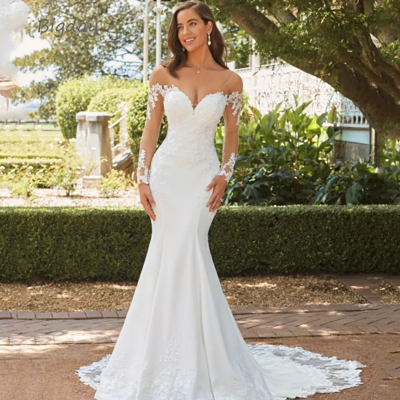 Elegancka suknia ślubna Sweetheart syrenka 2024 biała z długim rękawem bez pleców koronkowa aplikacja ślubna Sweep Train Vestido De Novia
