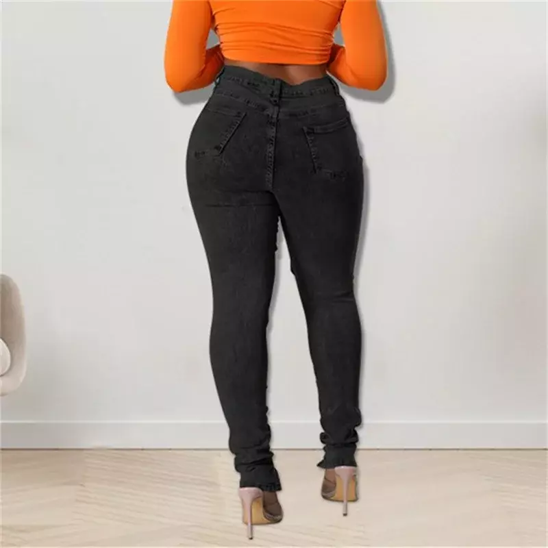 Hollow Out Eyelet Drawstring Lace-up Women Jeans Summer High Waist Slim Fit Pencil Denim Pants Female Trousers Trend Streetwear