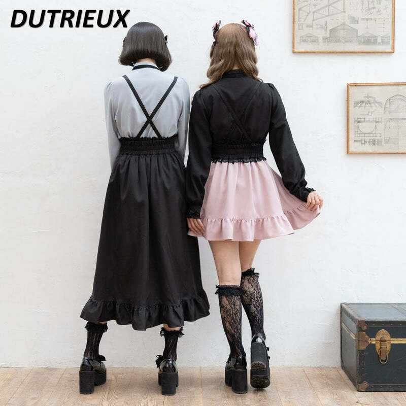 Spring and Summer Japanese Style Sweet Cute Suspender Skirt with Wooden Ear Mid-LengthSkirt Slim-Fit Lolita Lace Women's Skirts