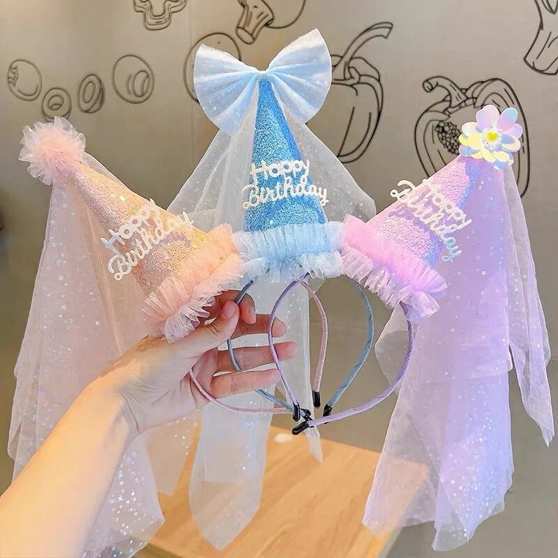 Cappello di buon compleanno del bambino Princess Crown Mesh Headband Celebration Glitter Decor per bambini Girl Favor Headwear Party Supplies