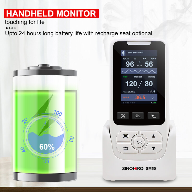 SM50 Handheld Multi Parâmetro Monitor Paciente Home Hospital ICU Monitor de Sinais Vitais com 6PCS BP Manguito 2PCS SPO2 1PCS TEMP Probe