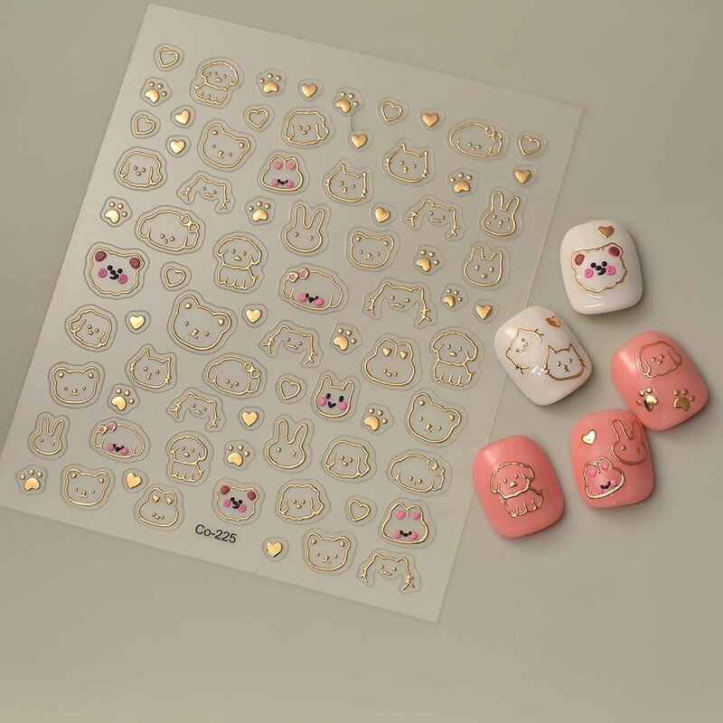 Laser Bronzing Jewelry Nail Stickers Gold Dog Rabbit 5D Nail Decals Accessories DIY Manicure Sliders CO-225