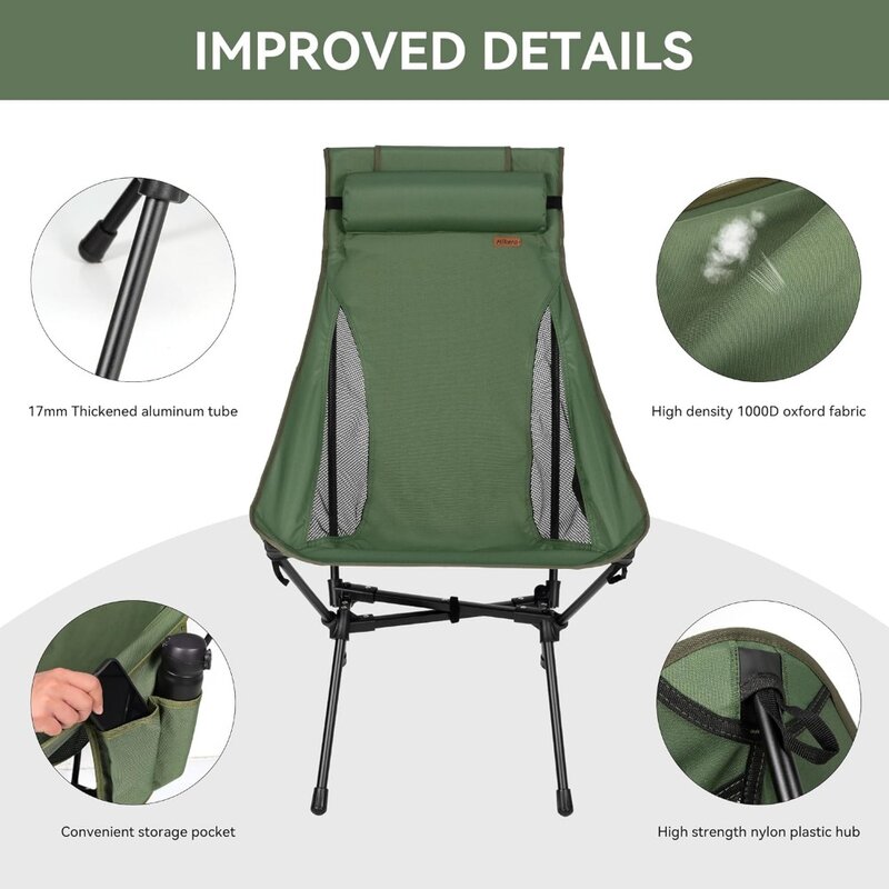 Sedia da campeggio portatile con schienale alto, supporto Heavy Duty 440 libbre, sedia pieghevole leggera con cuscino regolabile per l'escursionismo