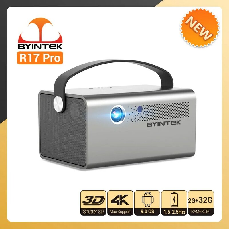 BYINTEK-Mini Projetor Portátil com Bateria, R17, 3D, Cinema 4K, Inteligente, Android, Wi-Fi, Vídeo ao ar livre, LED, DLP, LASER, Full HD, 1080P, Projetor com Bateria