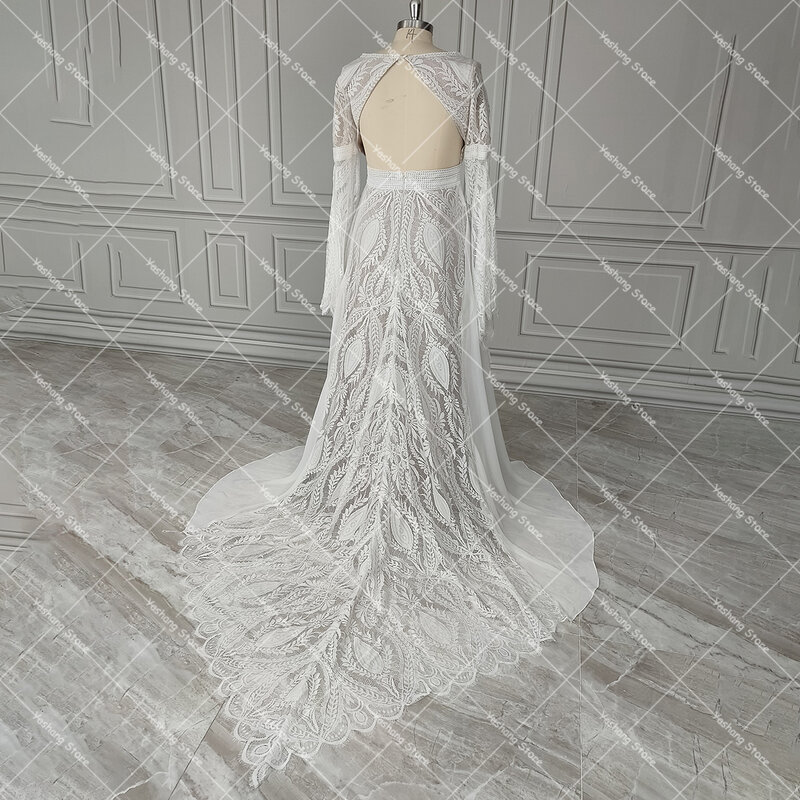 Long Split Bell Sleeves Boho Bridal Gowns Custom Made V Neck Front Leg Slit Cutout Backless A Line Chiffon Lace Wedding Dress
