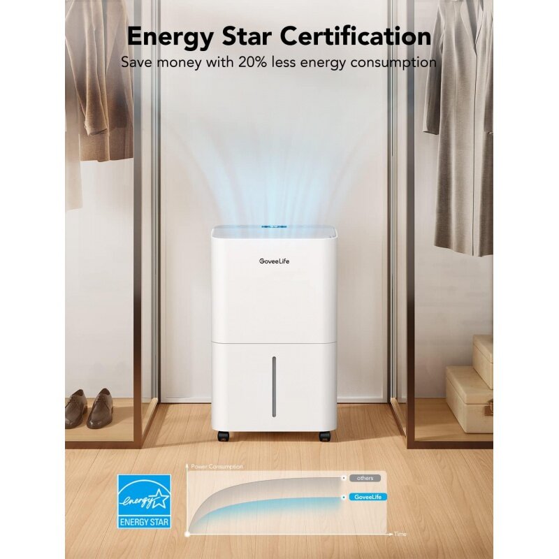 GoveeLife Smart Dehumidifier for Basement Upgraded, Max 50 Pint Energy Star Certified WIFI with Drain Hose Continuous Drainage,