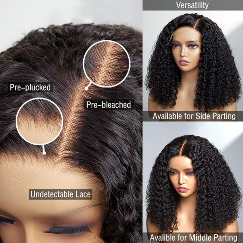 250% Density Short Bob Jerry Curly Human Hair Wig 13x4 Transparent Lace Frontal Wig For Women Brazilian Remy 4x1 Tpart Lace Wig