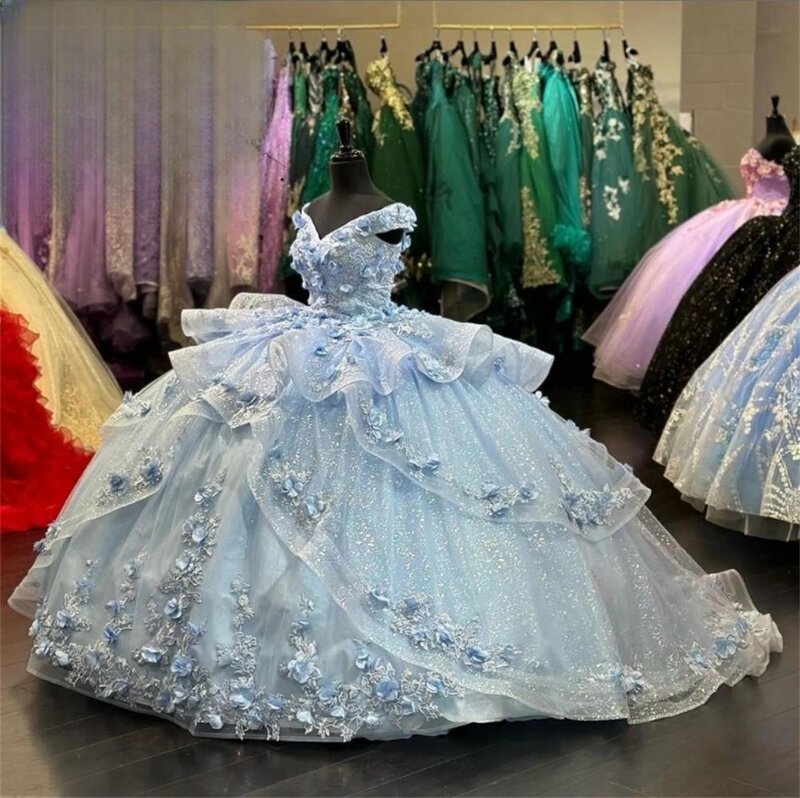 하늘색 프린세스 퀸시네라 드레스, 볼 가운, 오프 숄더 얇은 명주 그물 꽃, 달콤한 16 드레스, 15 아뇨 커스텀