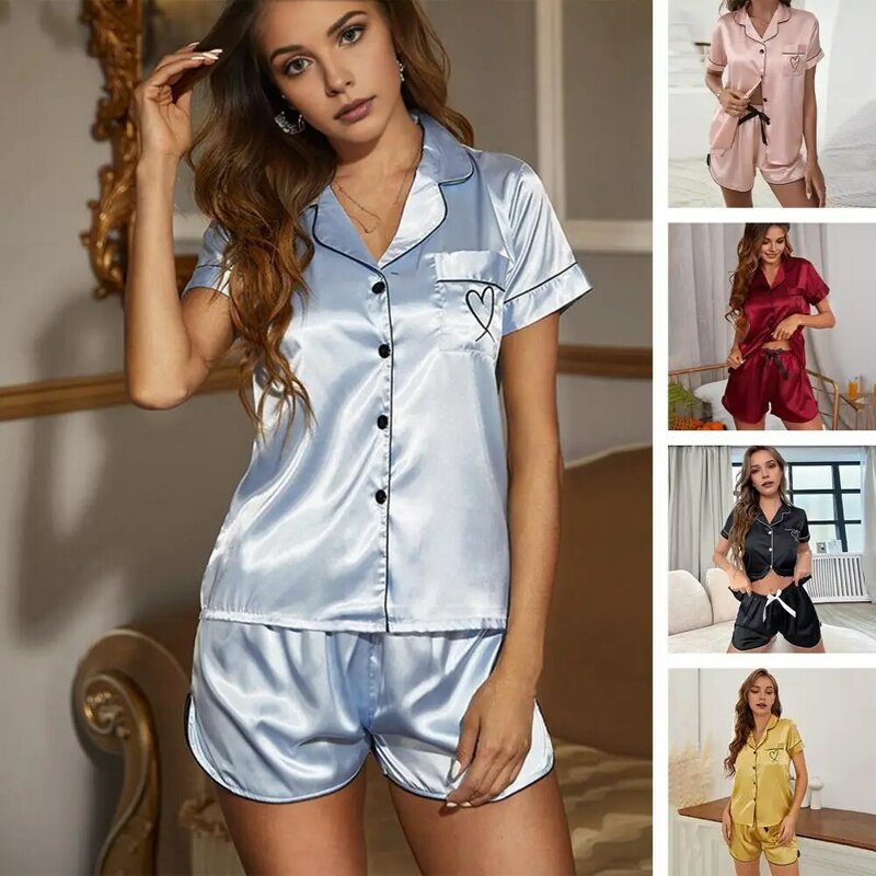 Conjunto de pijama de verão feminino, loungewear leve, top sedoso de lapela, calça bow decor, roupa caseira de 2 peças