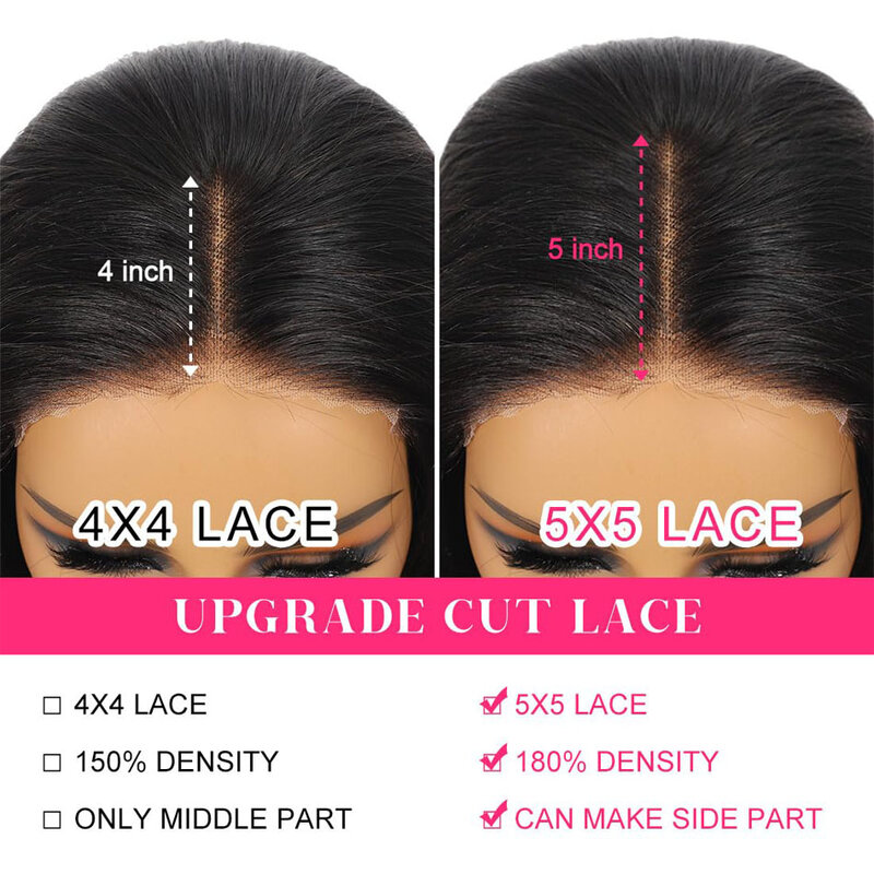 Perruque Bob Lace Closure Wig sans colle, cheveux naturels, pre-plucked, courte, lisse, pre-plucked, HD, 5x5, 13x4