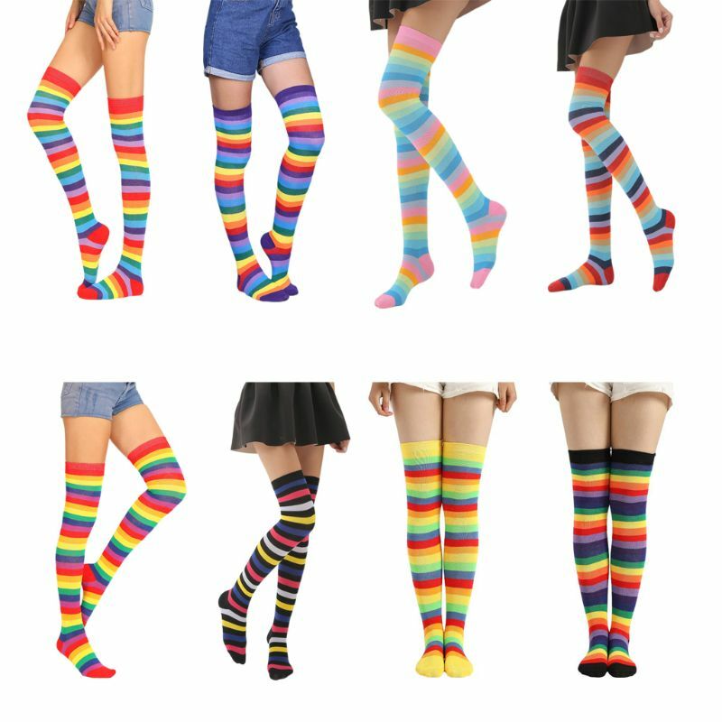 Y1UE calcetines largos hasta rodilla con rayas coloridas y arcoíris elegantes para mujer y niña, disfraz Halloween