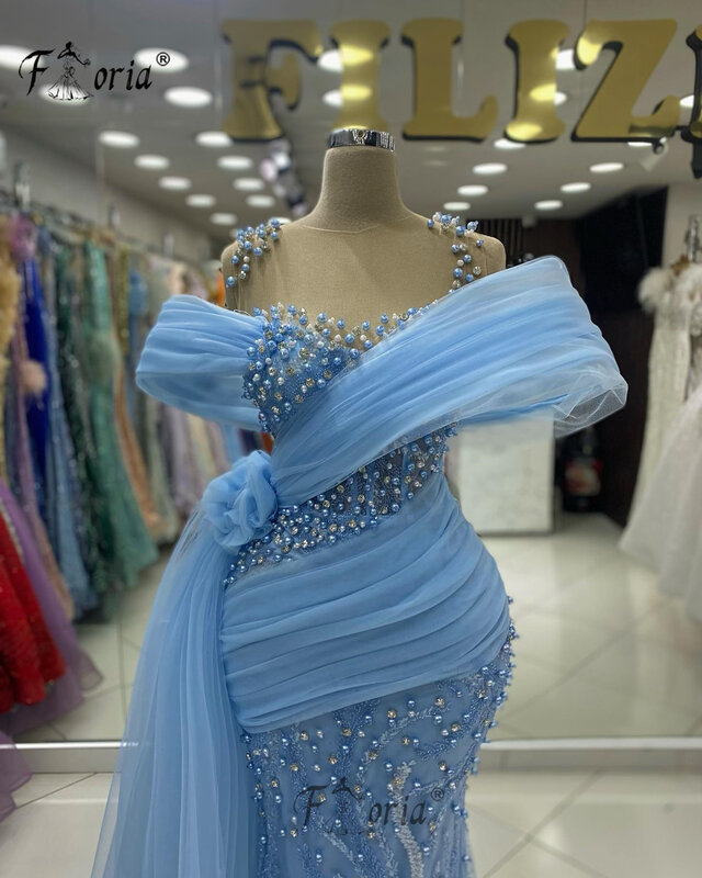 Elegant Sky Blue Pearls Formal Occasion Dress with Side Tail Dubai Woman Tulle Crystal Beaded Evening Dresses robes de soirée