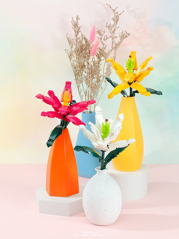 DIY-花の組み立てレンガの花束,子供のおもちゃ,家の装飾