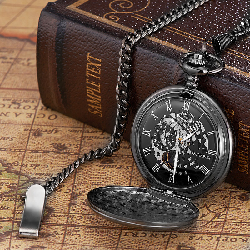 นาฬิกากระเป๋าสตางค์คลาสสิคกลไกผู้ชายนาฬิกาวินเทจสไตล์สตีมพังก์นาฬิกาห้อยระย้าด้ามจับสแตนเลสสีทองสีดำ